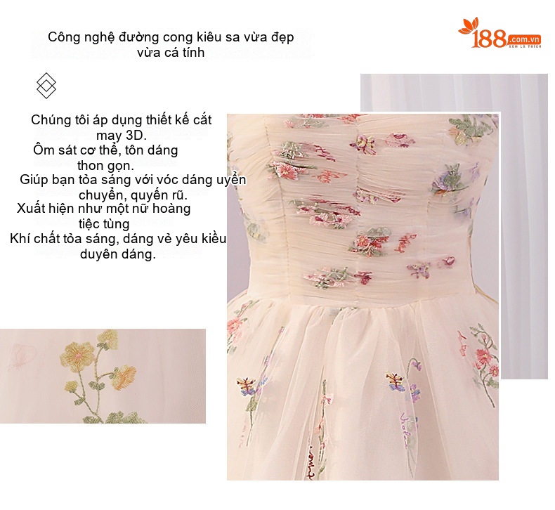 Váy Dạ Hội Nữ Dáng Xòe Hai Dây Họa Tiết Hoa Thanh Lịch Màu Trắng Kem, Đen chi tiết 4