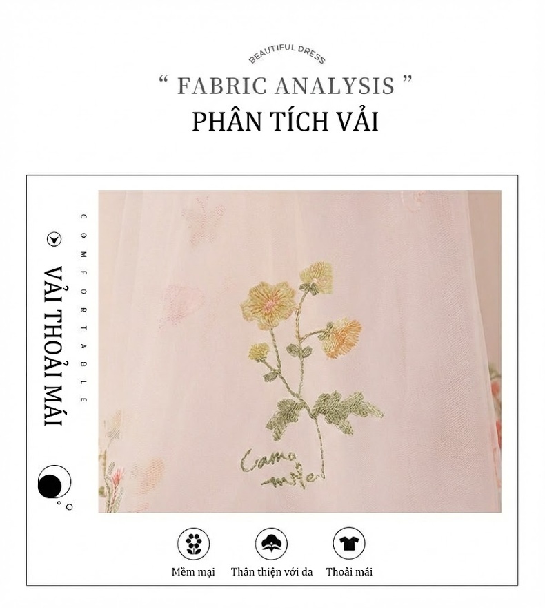 Váy Dạ Hội Nữ Dáng Xòe Hai Dây Họa Tiết Hoa Thanh Lịch Màu Trắng Kem, Đen chi tiết 5