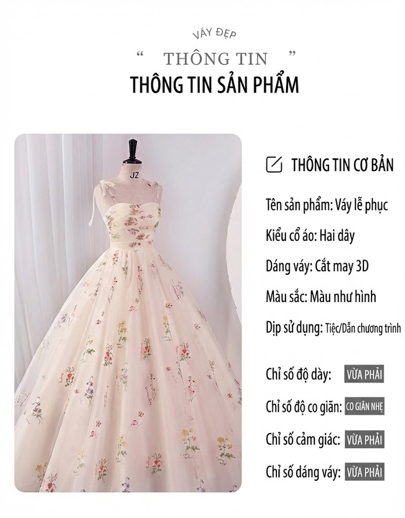 Váy Dạ Hội Nữ Dáng Xòe Hai Dây Họa Tiết Hoa Thanh Lịch Màu Trắng Kem, Đen chi tiết 6