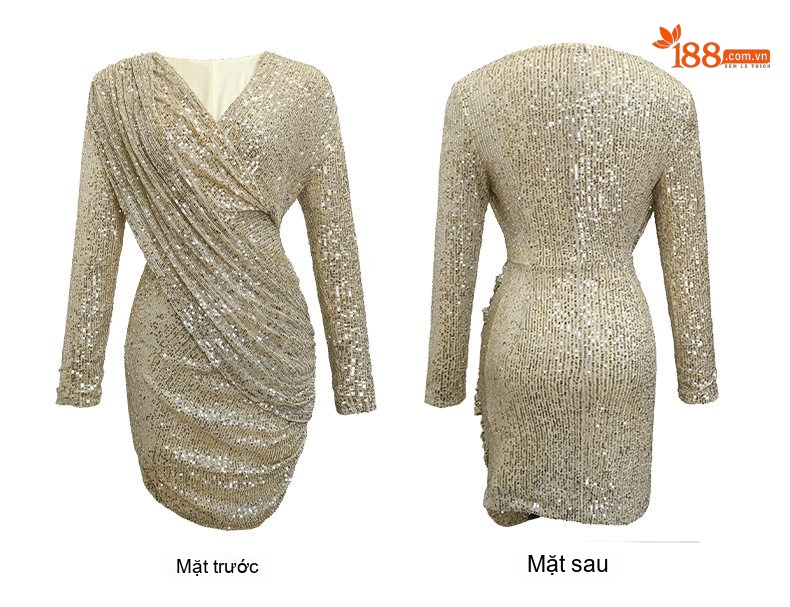 Váy Dạ Hội Nữ Đính Kim Sa Lấp Lánh Cổ Chữ V Xếp Ly Ôm Body Màu Đen, Trắng Bạc chi tiết 4