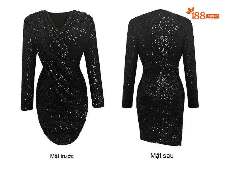 Váy Dạ Hội Nữ Đính Kim Sa Lấp Lánh Cổ Chữ V Xếp Ly Ôm Body Màu Đen, Trắng Bạc chi tiết 6
