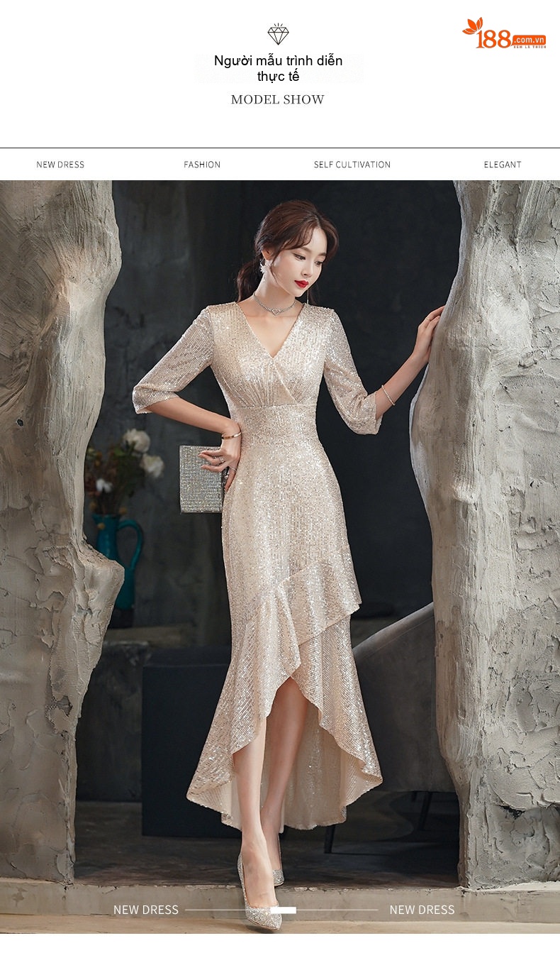 Váy Dạ Hội Nữ Đính Kim Sa Màu Champagne Thiết Kế Đuôi Cá Sang Trọng chi tiết 7