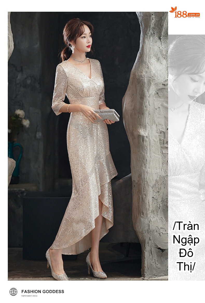 Váy Dạ Hội Nữ Đính Kim Sa Màu Champagne Thiết Kế Đuôi Cá Sang Trọng chi tiết 8