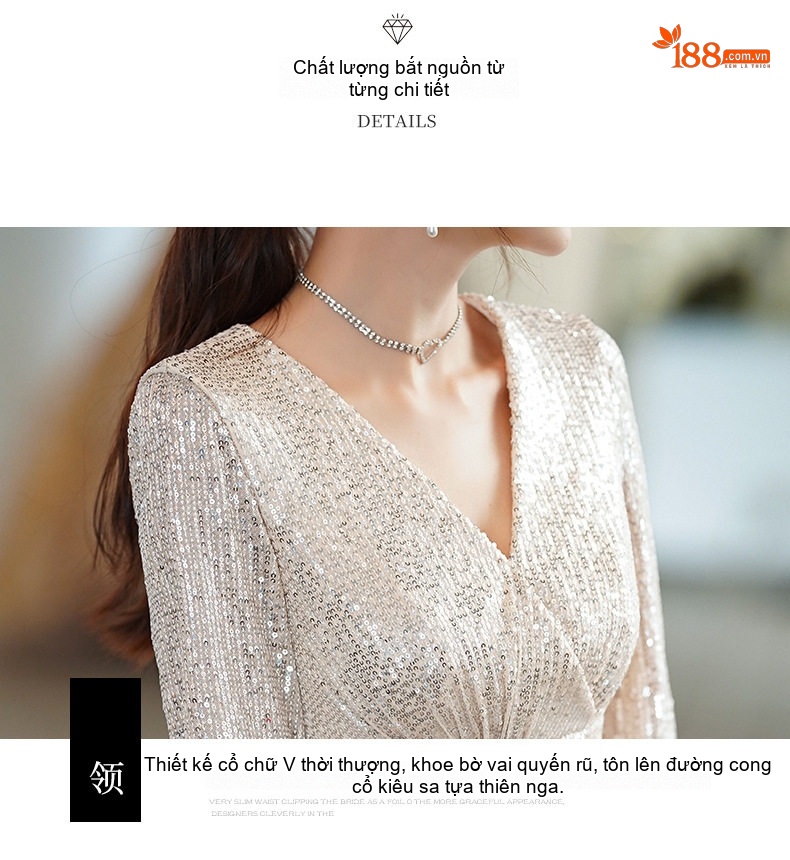 Váy Dạ Hội Nữ Đính Kim Sa Màu Champagne Thiết Kế Đuôi Cá Sang Trọng chi tiết 17