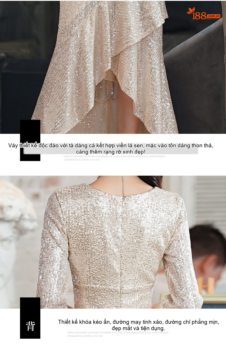 Váy Dạ Hội Nữ Đính Kim Sa Màu Champagne Thiết Kế Đuôi Cá Sang Trọng chi tiết 18