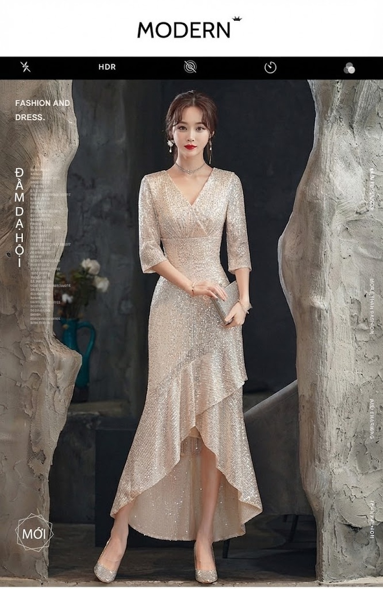 Váy Dạ Hội Nữ Đính Kim Sa Màu Champagne Thiết Kế Đuôi Cá Sang Trọng chi tiết 1