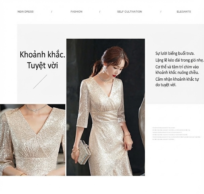 Váy Dạ Hội Nữ Đính Kim Sa Màu Champagne Thiết Kế Đuôi Cá Sang Trọng chi tiết 2