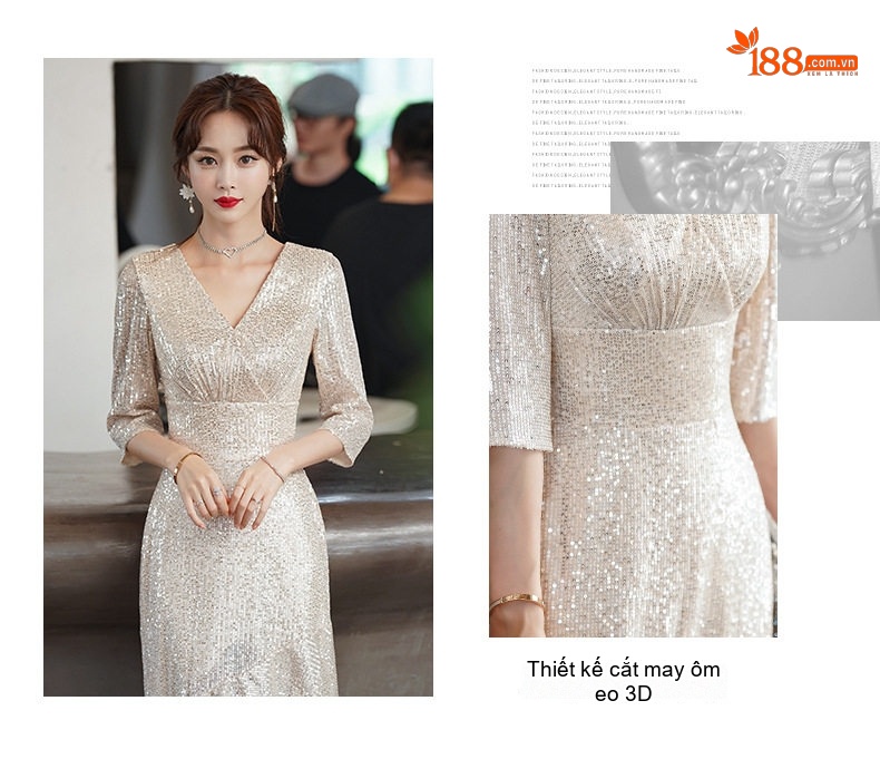 Váy Dạ Hội Nữ Đính Kim Sa Màu Champagne Thiết Kế Đuôi Cá Sang Trọng chi tiết 5