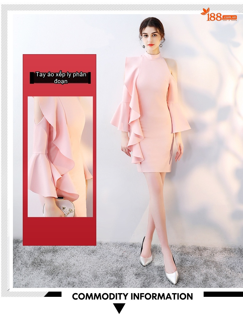 Váy Dạ Hội Nữ Dự Tiệc Công Ty Thiết Kế Hở Vai Tay Loe Ngắn Màu Hồng, Trắng, Đỏ, Đen chi tiết 4