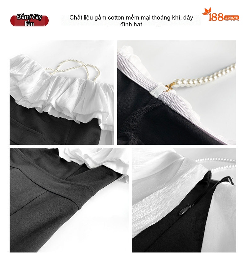 Váy Dạ Hội Nữ Hở Vai Cổ Chữ U Tay Phồng Dáng Ôm Xẻ Tà Màu Đen, Trắng chi tiết 4