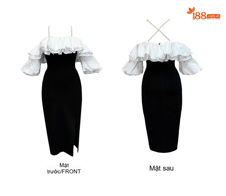 Váy Dạ Hội Nữ Hở Vai Cổ Chữ U Tay Phồng Dáng Ôm Xẻ Tà Màu Đen, Trắng chi tiết 5