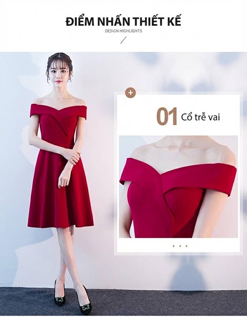 Váy Dạ Hội Nữ Hở Vai Dáng Dài Dự Tiệc Cưới Màu Đỏ, Đen chi tiết 2