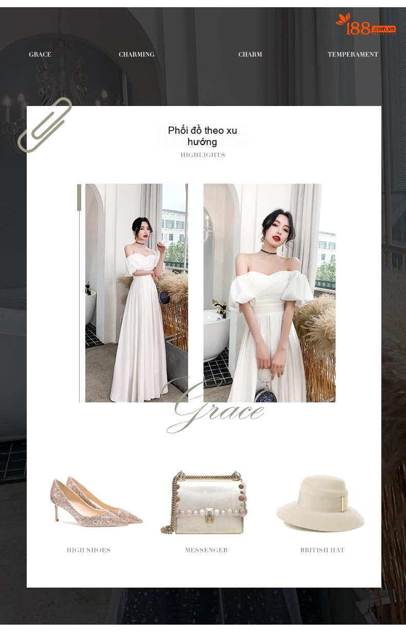 Váy Dạ Hội Nữ Hở Vai Dáng Dài Thanh Lịch Màu Trắng chi tiết 3
