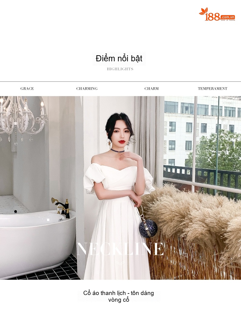 Váy Dạ Hội Nữ Hở Vai Dáng Dài Thanh Lịch Màu Trắng chi tiết 4
