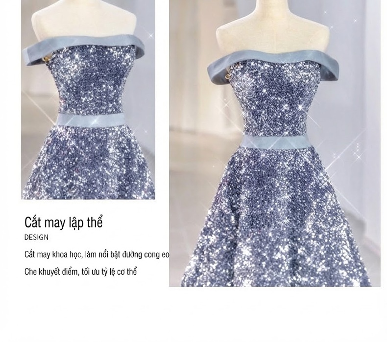 Váy Dạ Hội Nữ Hở Vai Đính Kim Sa Lấp Lánh Màu Xám chi tiết 4