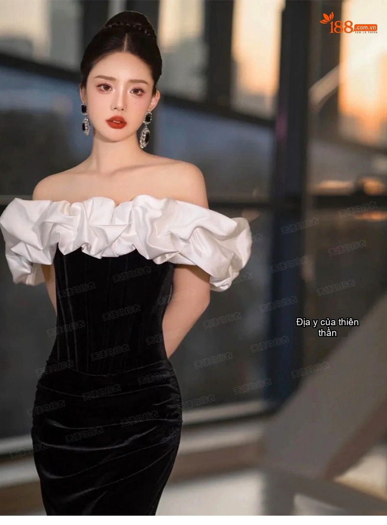 Váy Dạ Hội Nữ Hở Vai Ôm Dáng Màu Đen Trắng chi tiết 23