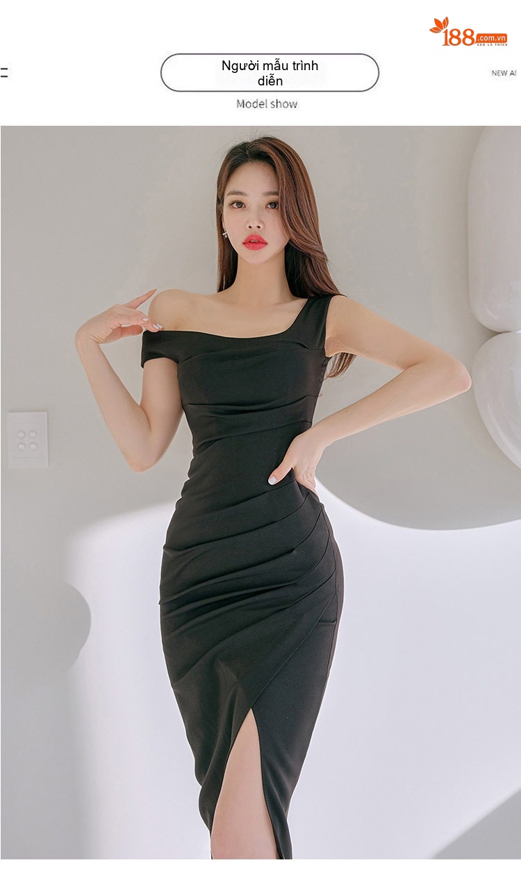 Váy Dạ Hội Nữ Hở Vai Thiết Kế Bất Đối Xứng Xẻ Tà Màu Đen chi tiết 7