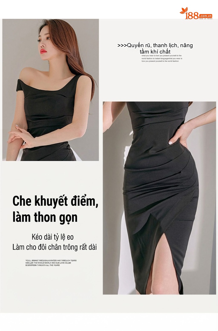 Váy Dạ Hội Nữ Hở Vai Thiết Kế Bất Đối Xứng Xẻ Tà Màu Đen chi tiết 2
