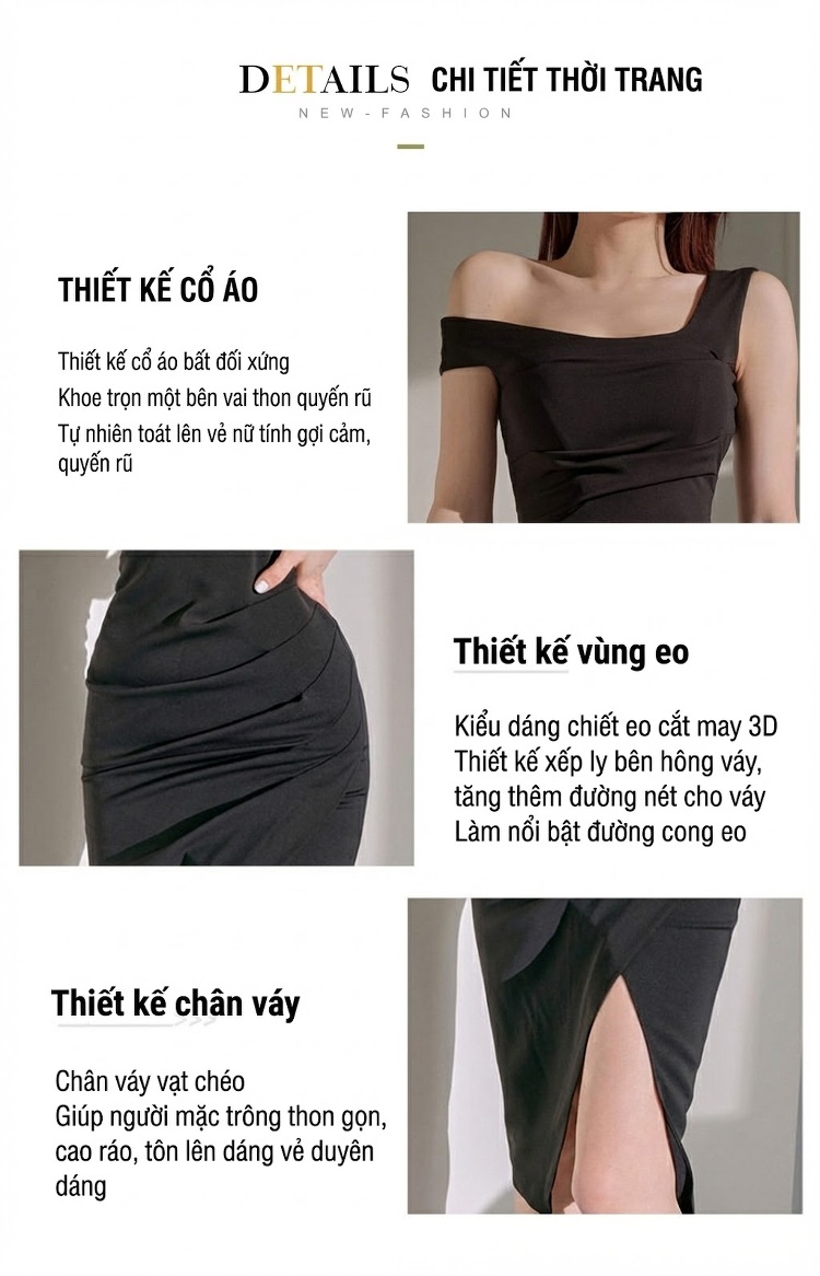 Váy Dạ Hội Nữ Hở Vai Thiết Kế Bất Đối Xứng Xẻ Tà Màu Đen chi tiết 4