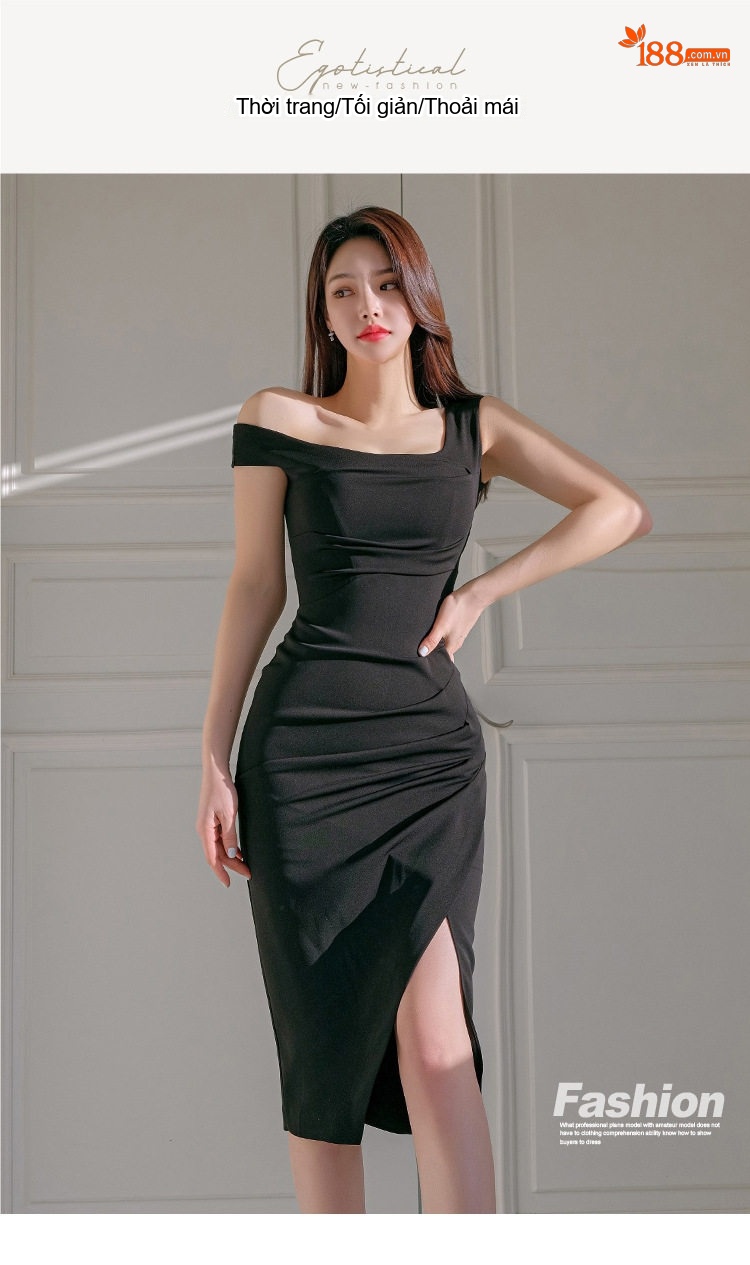 Váy Dạ Hội Nữ Hở Vai Thiết Kế Bất Đối Xứng Xẻ Tà Màu Đen chi tiết 1