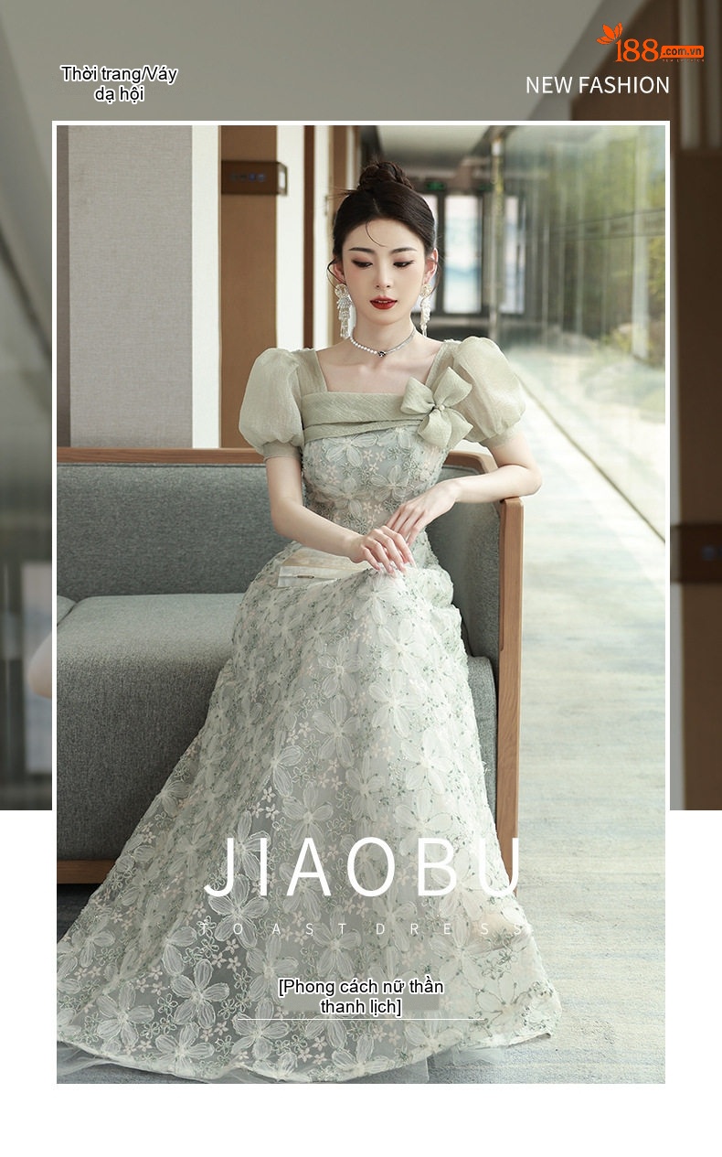 Váy Dạ Hội Nữ Lụa Mỏng Tay Bồng Dáng Dài Màu Xanh Lá chi tiết 1
