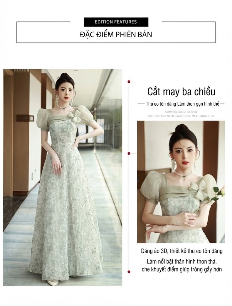Váy Dạ Hội Nữ Lụa Mỏng Tay Bồng Dáng Dài Màu Xanh Lá chi tiết 2