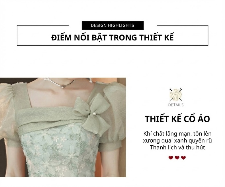 Váy Dạ Hội Nữ Lụa Mỏng Tay Bồng Dáng Dài Màu Xanh Lá chi tiết 3