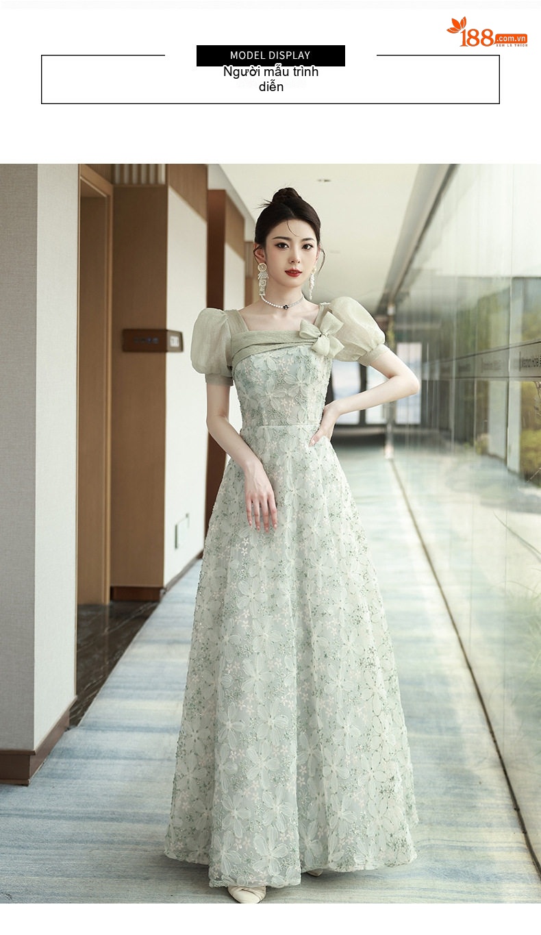 Váy Dạ Hội Nữ Lụa Mỏng Tay Bồng Dáng Dài Màu Xanh Lá chi tiết 7