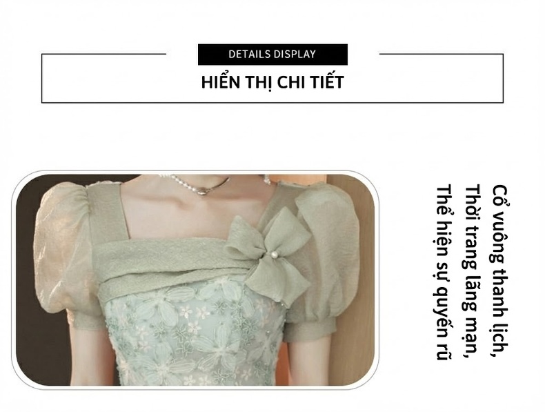 Váy Dạ Hội Nữ Lụa Mỏng Tay Bồng Dáng Dài Màu Xanh Lá chi tiết 16