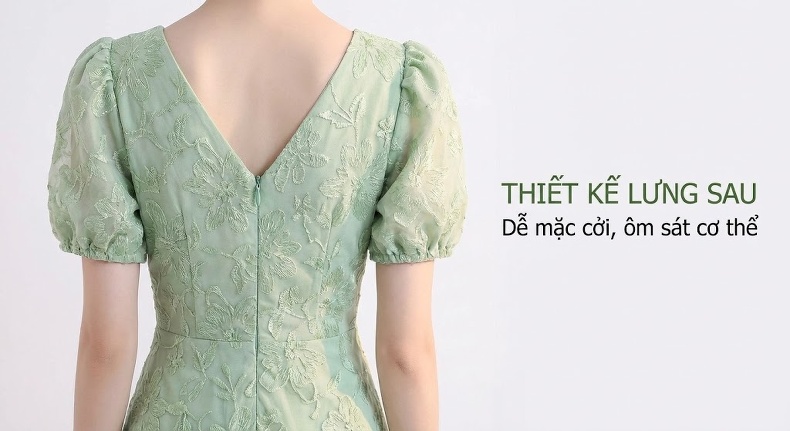 Váy Dạ Hội Nữ Lụa Mỏng Tay Bồng Dáng Dài Màu Xanh Lá chi tiết 18