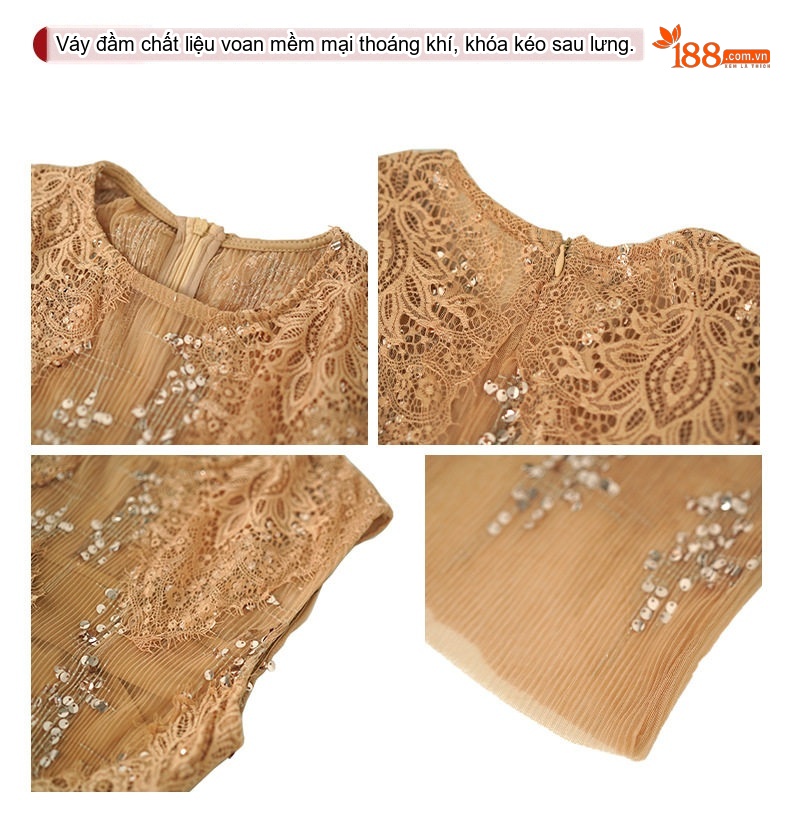 Váy Dạ Hội Nữ Lưới Kim Sa Thiết Kế Pháp Ôm Dáng Màu Be chi tiết 4