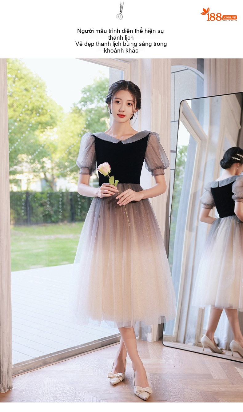 Váy Dạ Hội Nữ Lưới Nhẹ Phong Cách Pháp Tiểu Thư Dự Tiệc Màu Đen, Be chi tiết 5