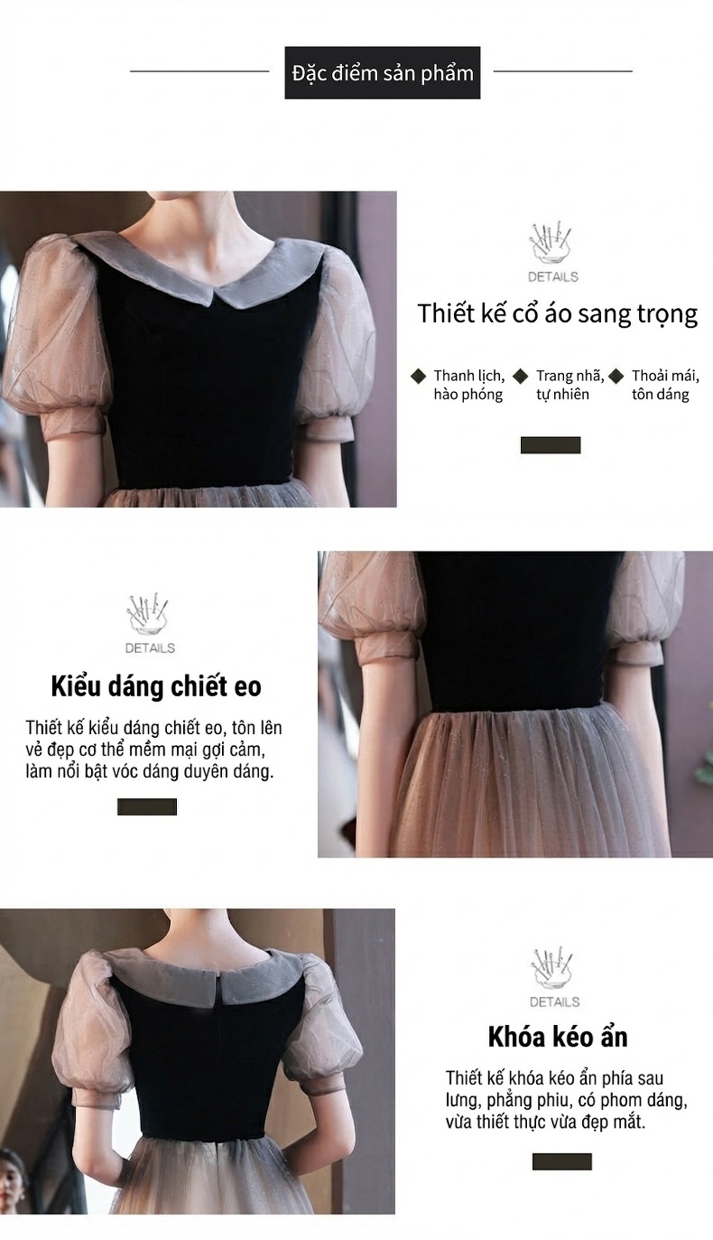 Váy Dạ Hội Nữ Lưới Nhẹ Phong Cách Pháp Tiểu Thư Dự Tiệc Màu Đen, Be chi tiết 3