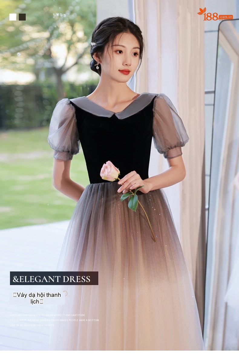 Váy Dạ Hội Nữ Lưới Nhẹ Phong Cách Pháp Tiểu Thư Dự Tiệc Màu Đen, Be chi tiết 1