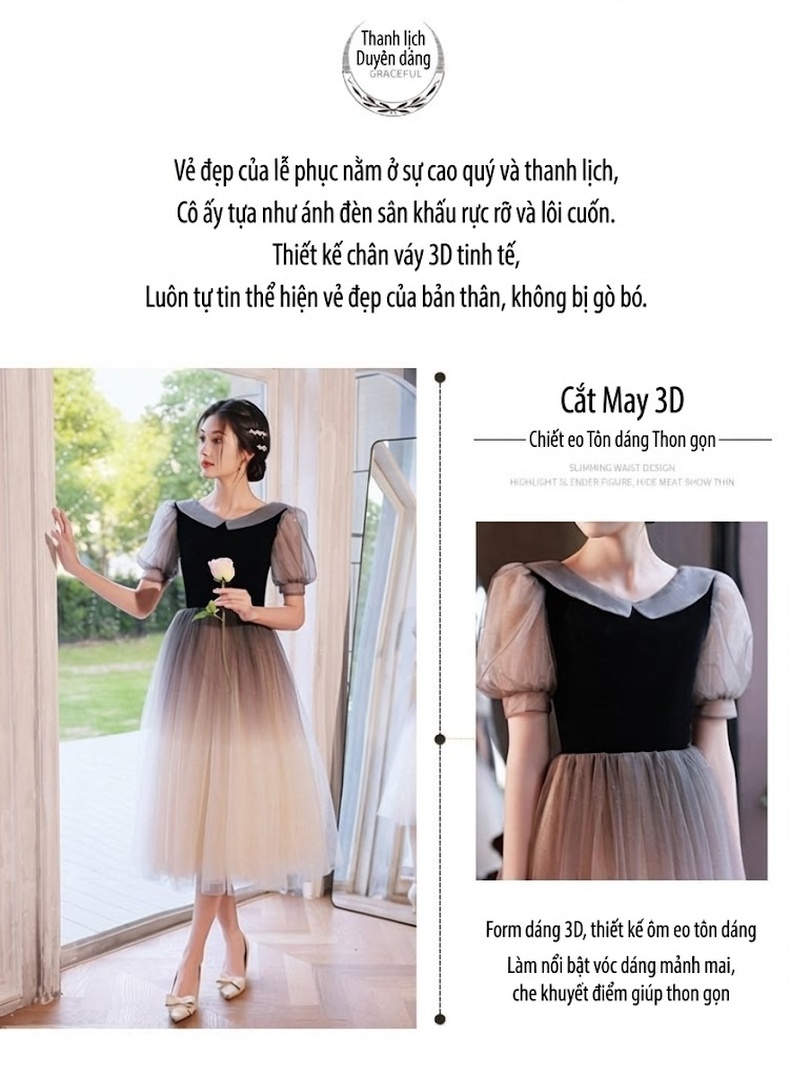 Váy Dạ Hội Nữ Lưới Nhẹ Phong Cách Pháp Tiểu Thư Dự Tiệc Màu Đen, Be chi tiết 2
