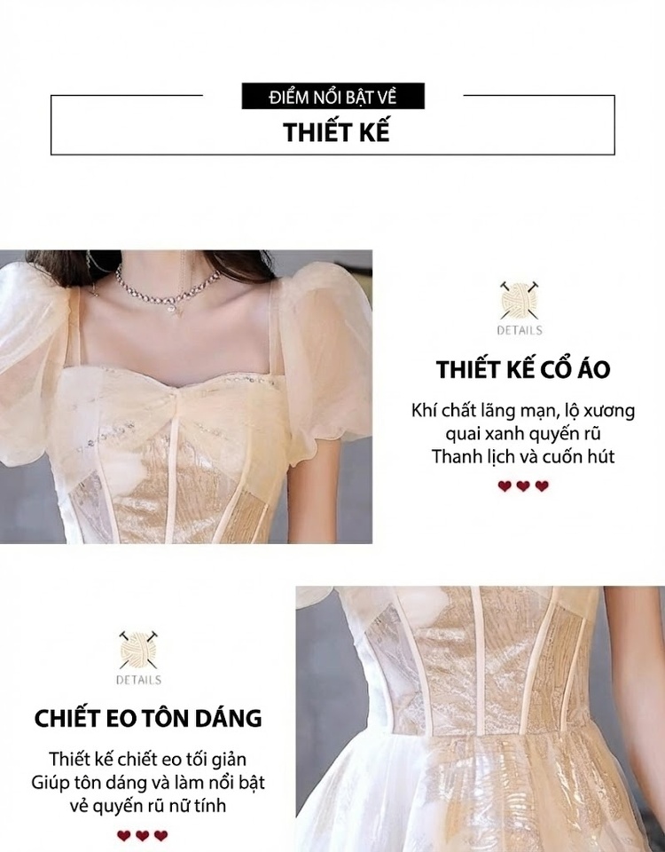 Váy Dạ Hội Nữ Lưới Voan Tay Bồng Màu Champagne chi tiết 1