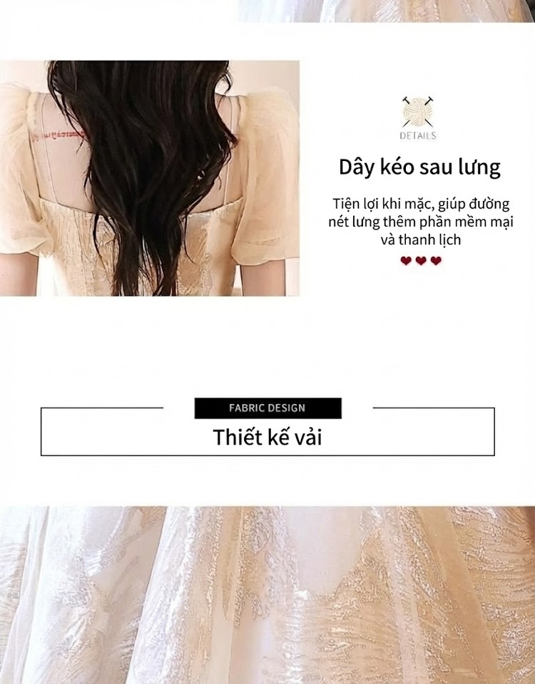 Váy Dạ Hội Nữ Lưới Voan Tay Bồng Màu Champagne chi tiết 2