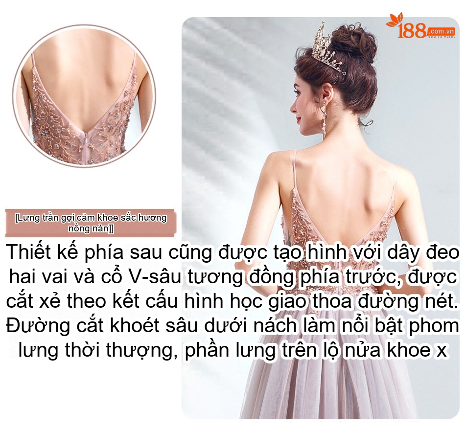 Váy Dạ Hội Nữ Màu Hồng Xẻ Cao Dự Tiệc Cưới chi tiết 5