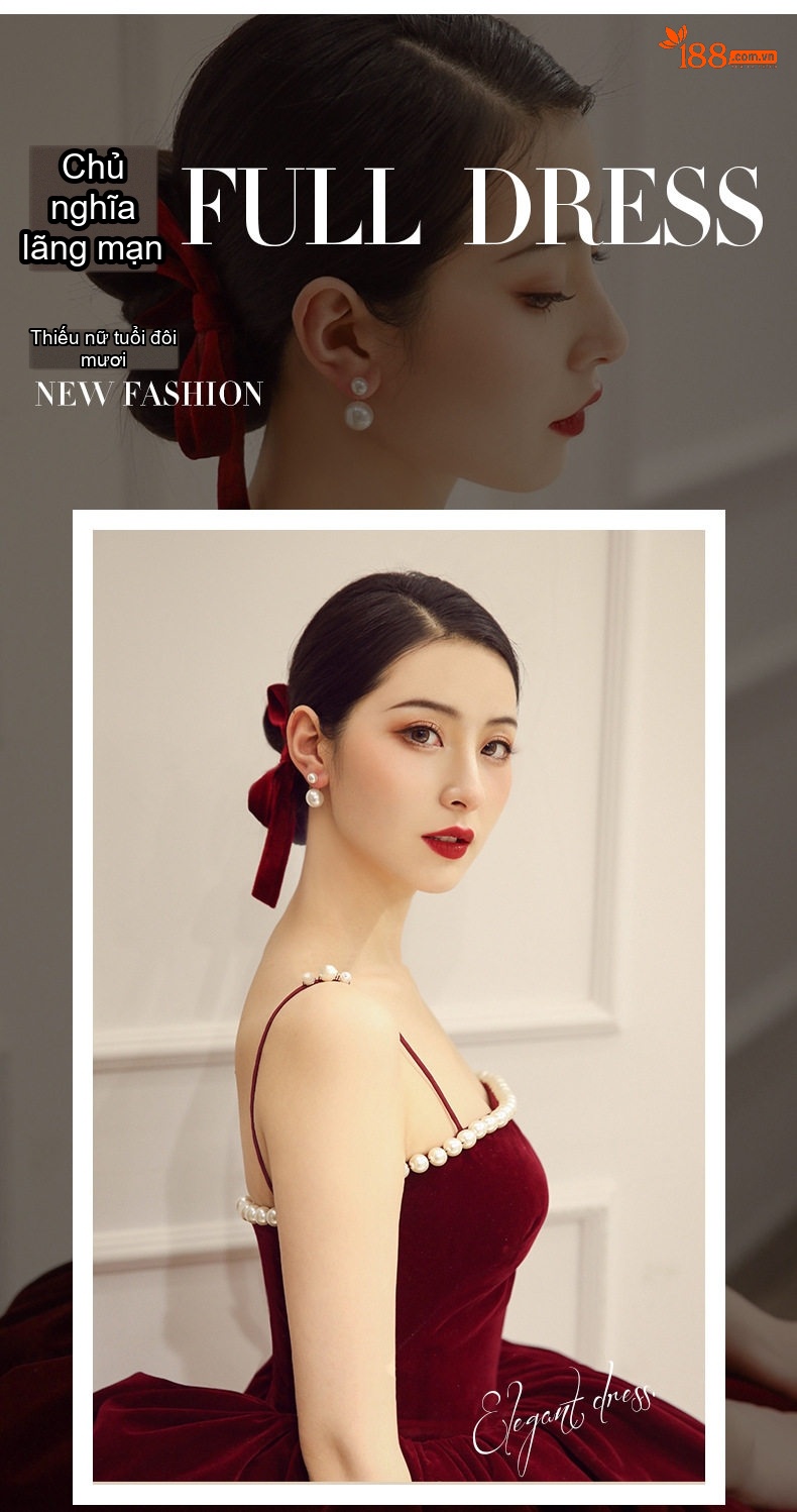 Váy Dạ Hội Nữ Nhung Lệch Vai Dáng Xòe Tiểu Thư Màu Đỏ Rượu chi tiết 1