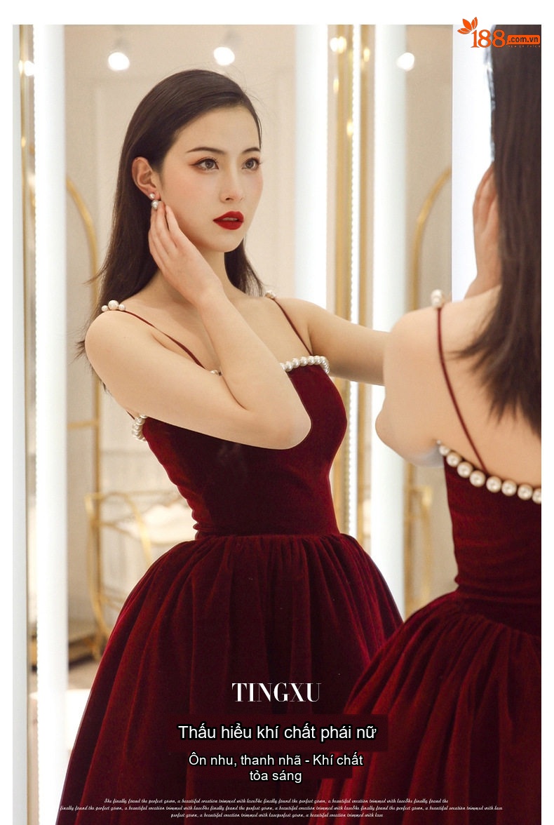 Váy Dạ Hội Nữ Nhung Lệch Vai Dáng Xòe Tiểu Thư Màu Đỏ Rượu chi tiết 2
