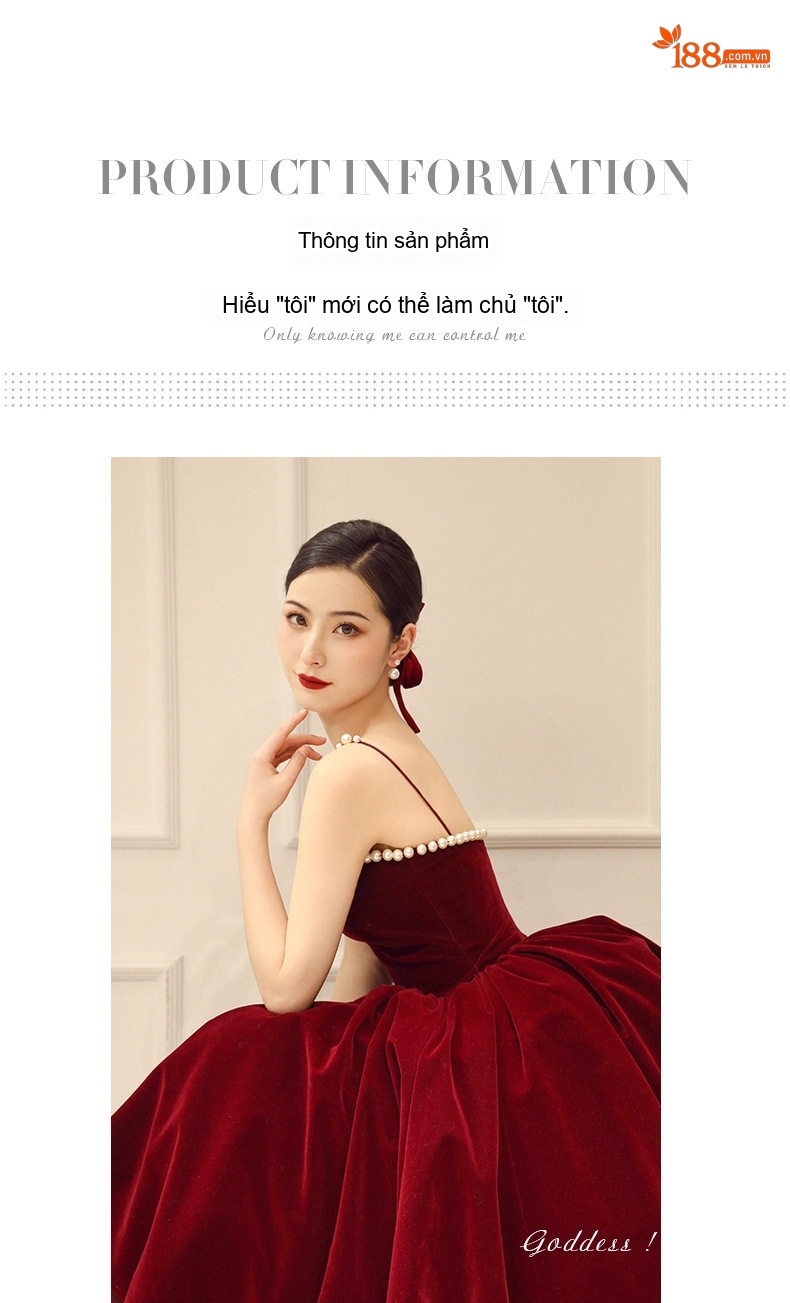 Váy Dạ Hội Nữ Nhung Lệch Vai Dáng Xòe Tiểu Thư Màu Đỏ Rượu chi tiết 7