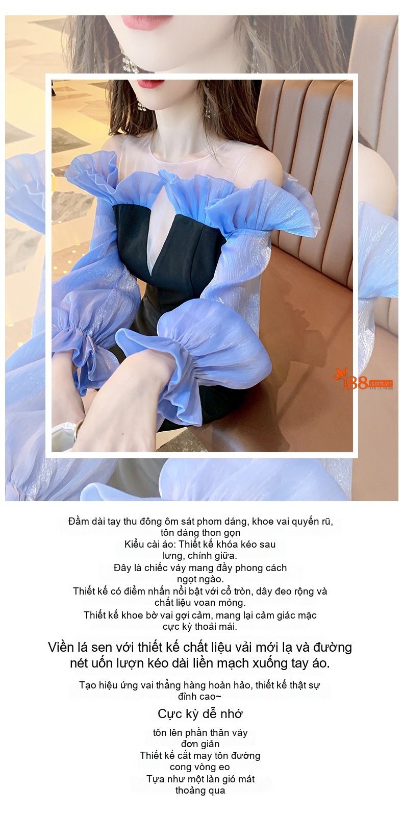 Váy Dạ Hội Nữ Ôm Dáng Hở Vai Bèo Nhún Tay Dài Màu Đen, Xanh chi tiết 1