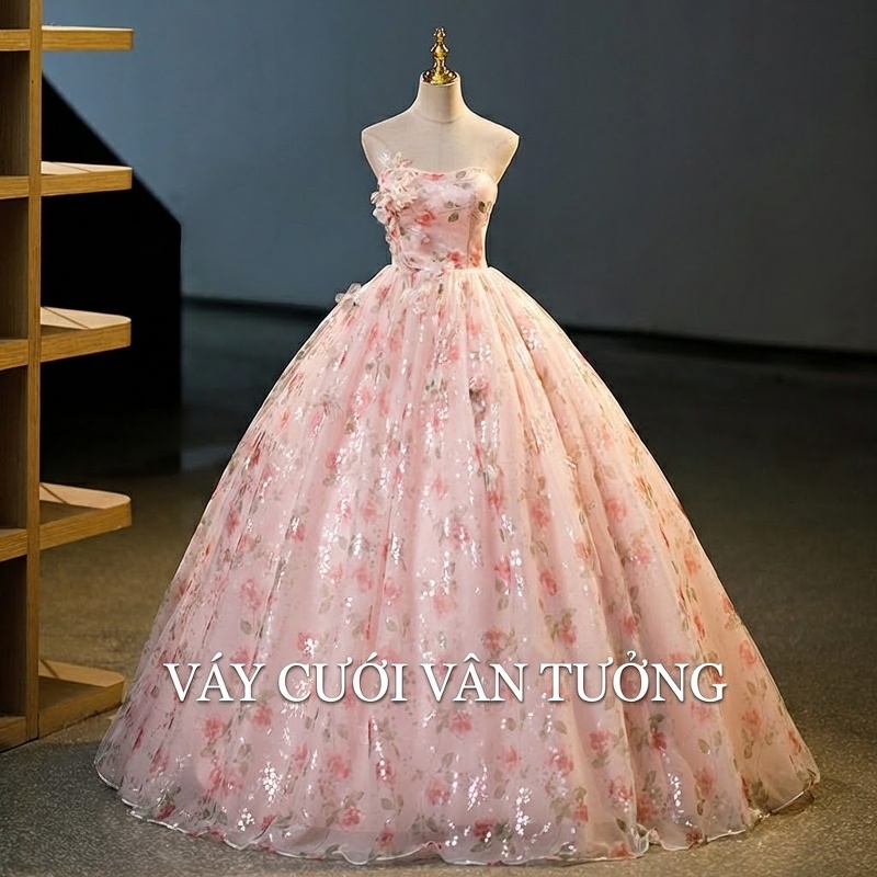 Váy Dạ Hội Nữ Pháp Sang Trọng Cao Cấp Dáng Xòe Công Chúa Màu Hồng