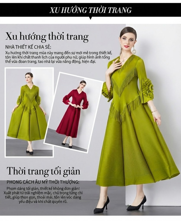 Váy Dạ Hội Nữ Phong Cách Châu Âu Cổ chữ V Viền Tua Rua Tay Loe Dáng Dài Màu Tím, Xanh Lá, Đen chi tiết 4
