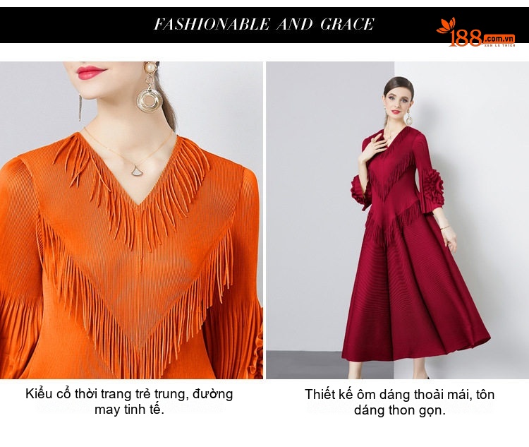 Váy Dạ Hội Nữ Phong Cách Châu Âu Cổ chữ V Viền Tua Rua Tay Loe Dáng Dài Màu Tím, Xanh Lá, Đen chi tiết 3