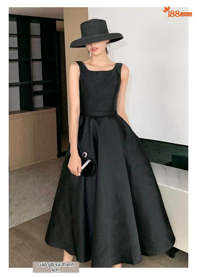 Váy Dạ Hội Nữ Phong Cách Hepburn Dự Tiệc Sinh Nhật dáng chữ A Chiết Eo Màu Đen chi tiết 2