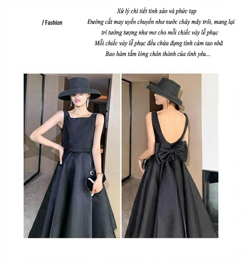 Váy Dạ Hội Nữ Phong Cách Hepburn Dự Tiệc Sinh Nhật dáng chữ A Chiết Eo Màu Đen chi tiết 3