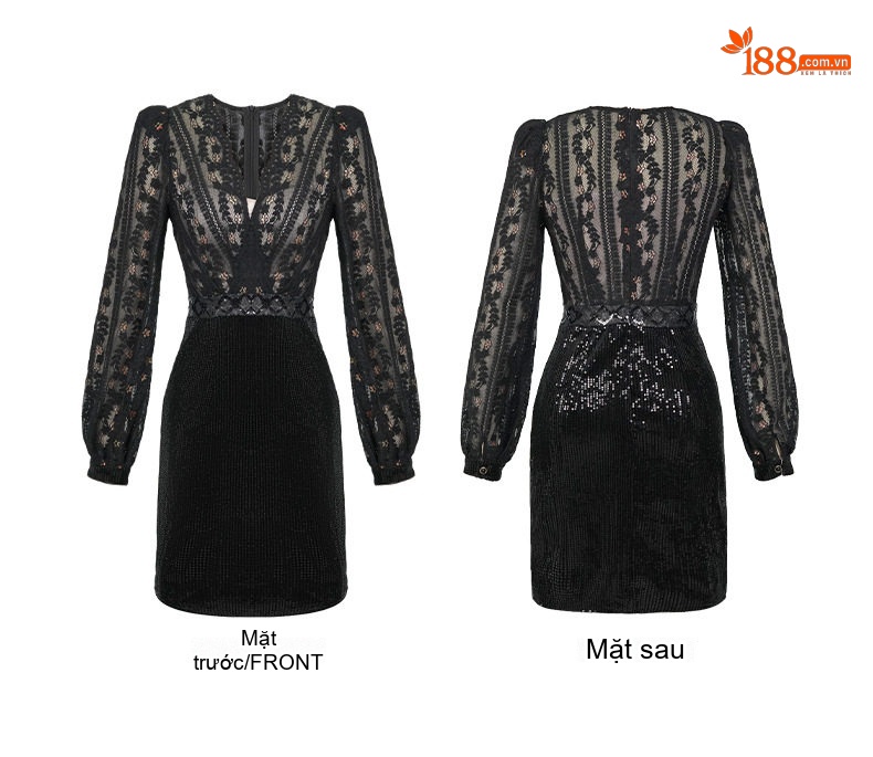 Váy Dạ Hội Nữ Tay Dài Phối Ren Thiết Kế Pháp, Đính Kim Sa Lấp Lánh Màu Đen chi tiết 4