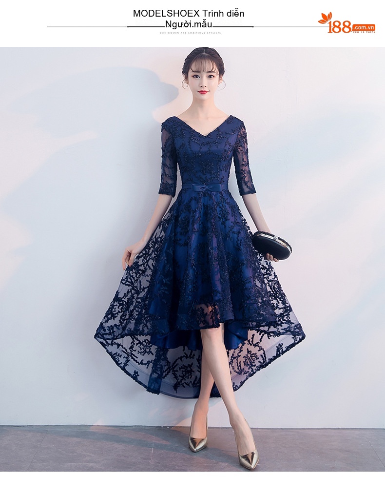 Váy Dạ Hội Nữ Tay Lỡ Dáng Dài Thanh Lịch Màu Xanh Navy, Đỏ, Đen chi tiết 4