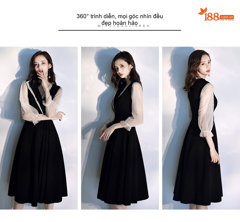 Váy Dạ Hội Nữ Tay Lưới dáng chữ A Dự Tiệc Sinh Nhật Trang Trọng Màu Đen chi tiết 2
